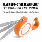 Retractable dog leash with 180 degree tangle free flat ribbon outlet