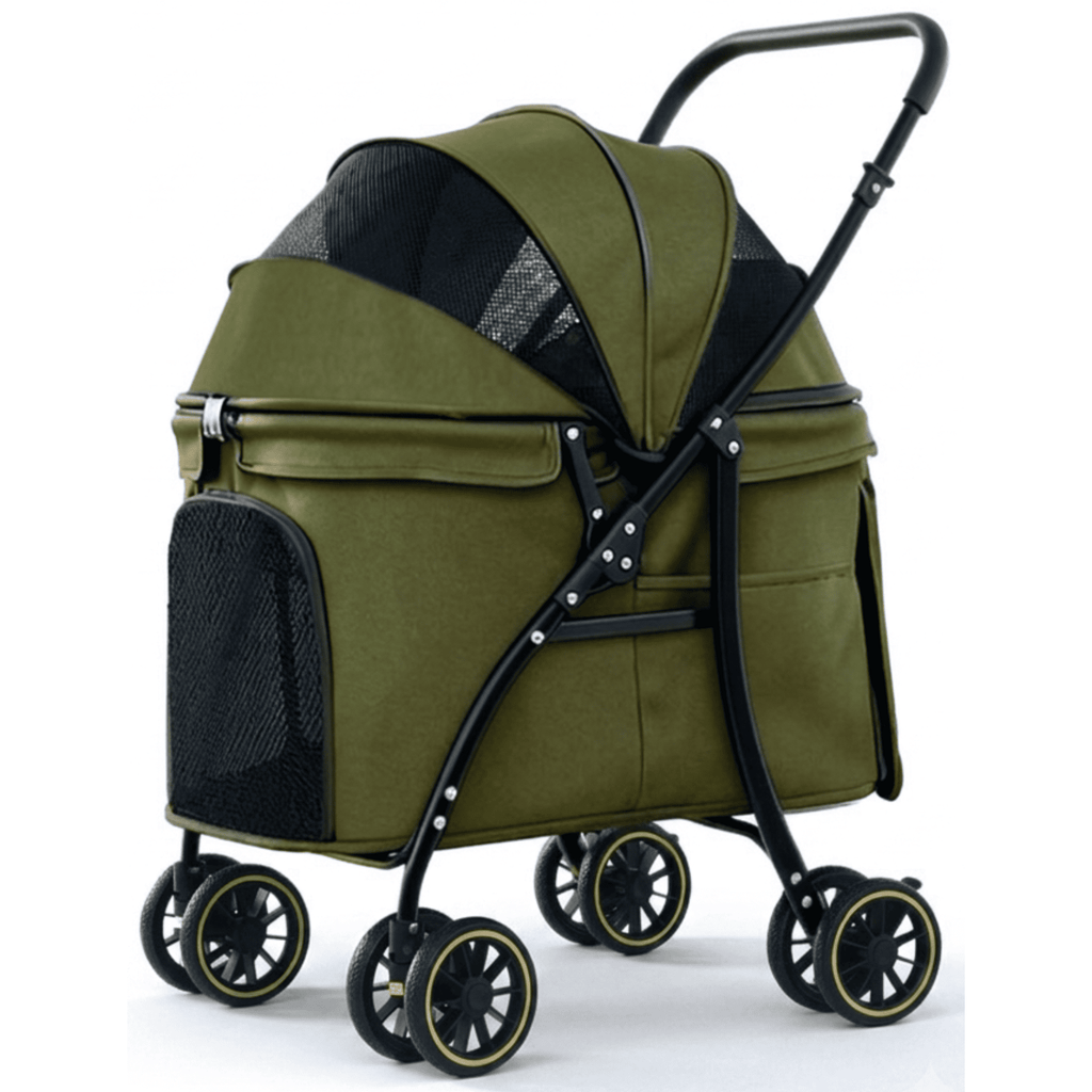 Green foldable pet stroller for medium and large dogs and cats