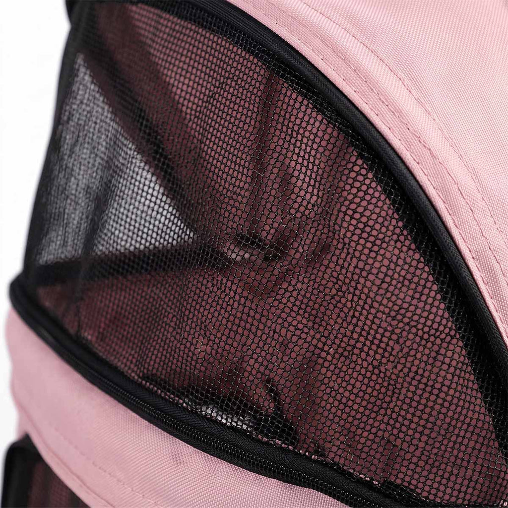 Close-up of breathable mesh window on pink pet stroller