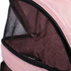Close-up of breathable mesh window on pink pet stroller