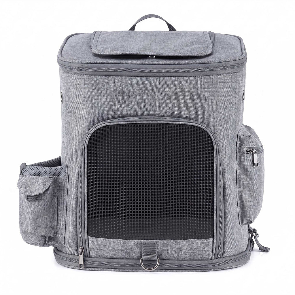 Gray pet carrier backpack with front mesh door, side pockets, and top opening