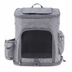 Gray pet carrier backpack with front mesh door, side pockets, and top opening