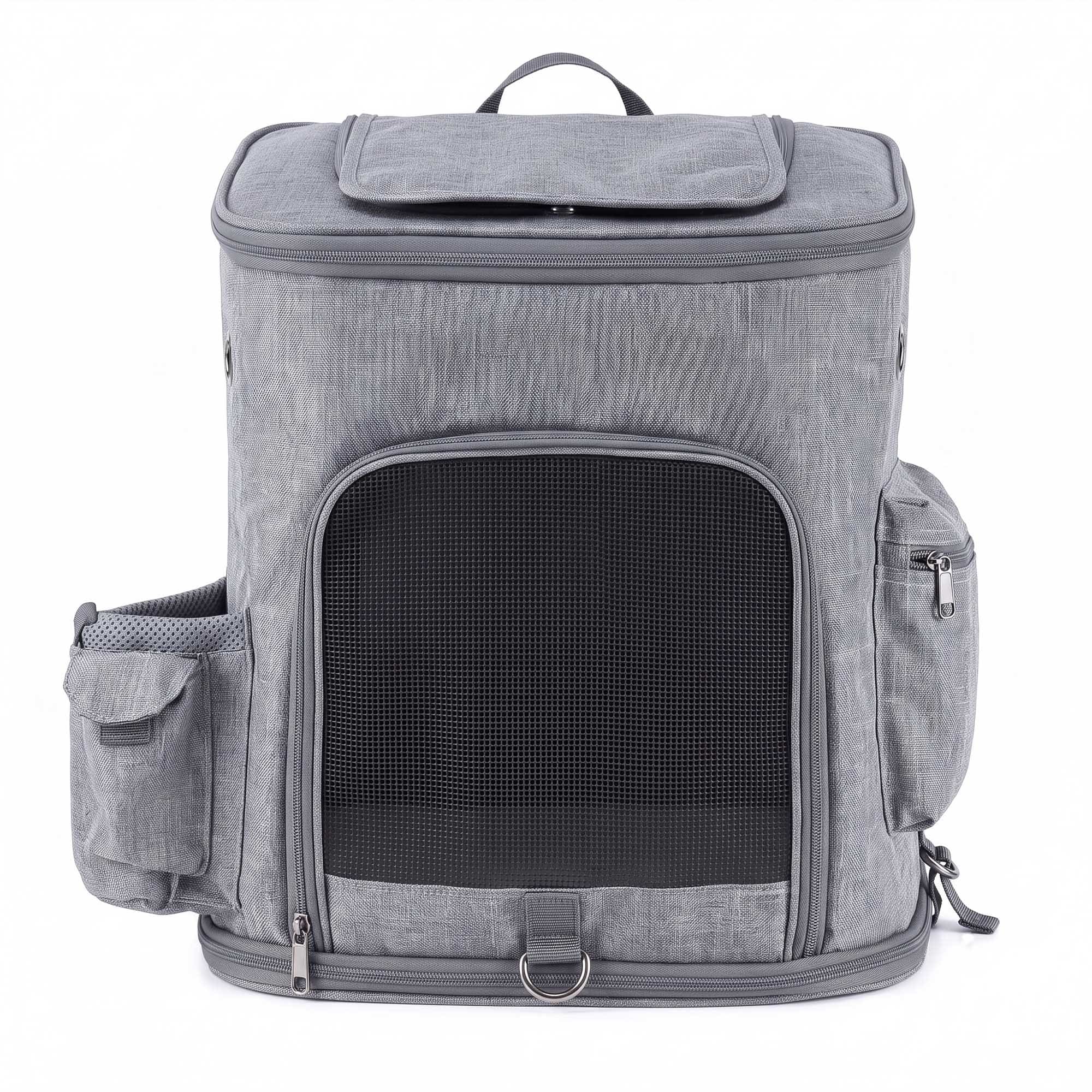 Gray pet carrier backpack with front mesh door, side pockets, and top opening