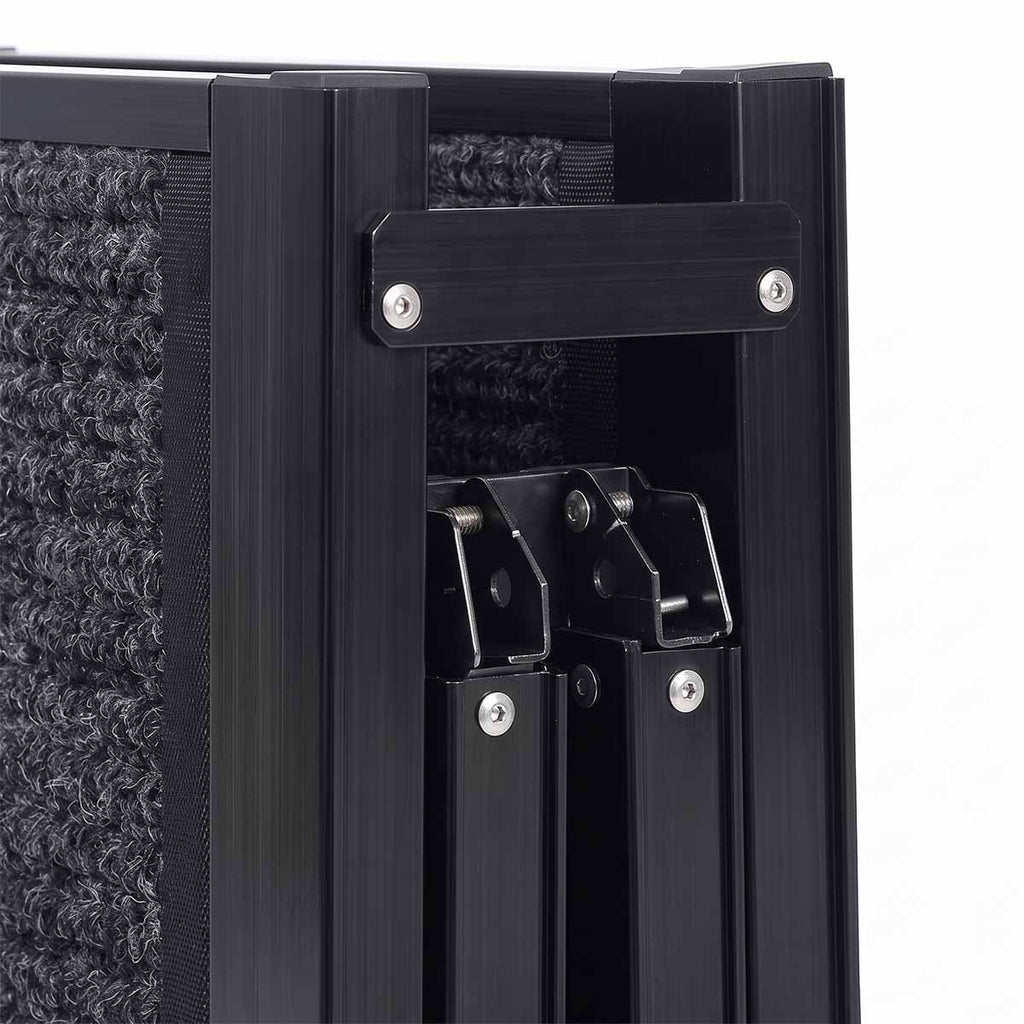 Close-up of hinge and locking hardware on foldable dog ramp