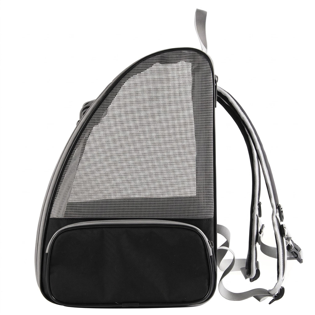 Black and gray breathable mesh pet carrier backpack with side storage pocket