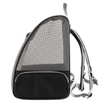 Black and gray breathable mesh pet carrier backpack with side storage pocket