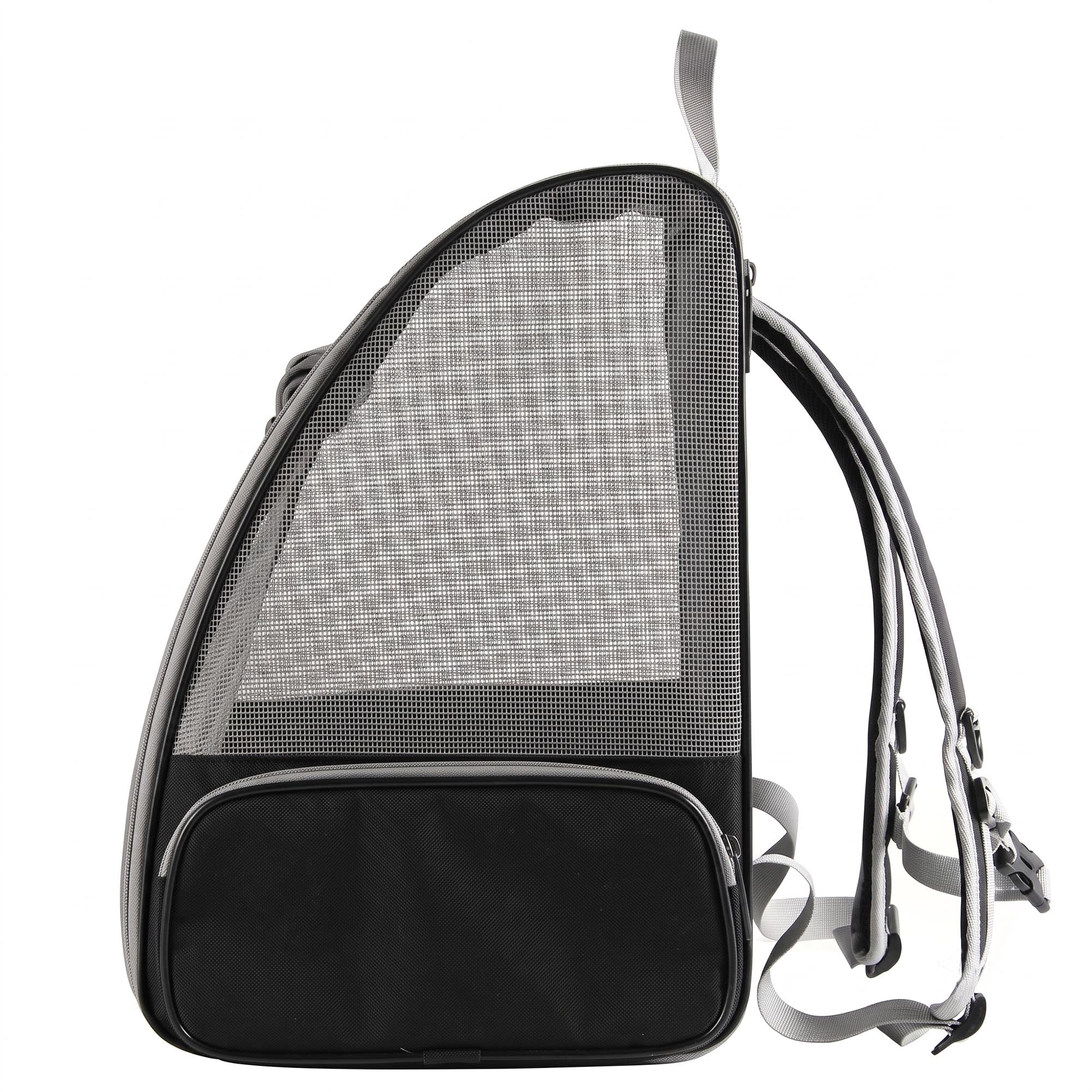 Black and gray breathable mesh pet carrier backpack with side storage pocket
