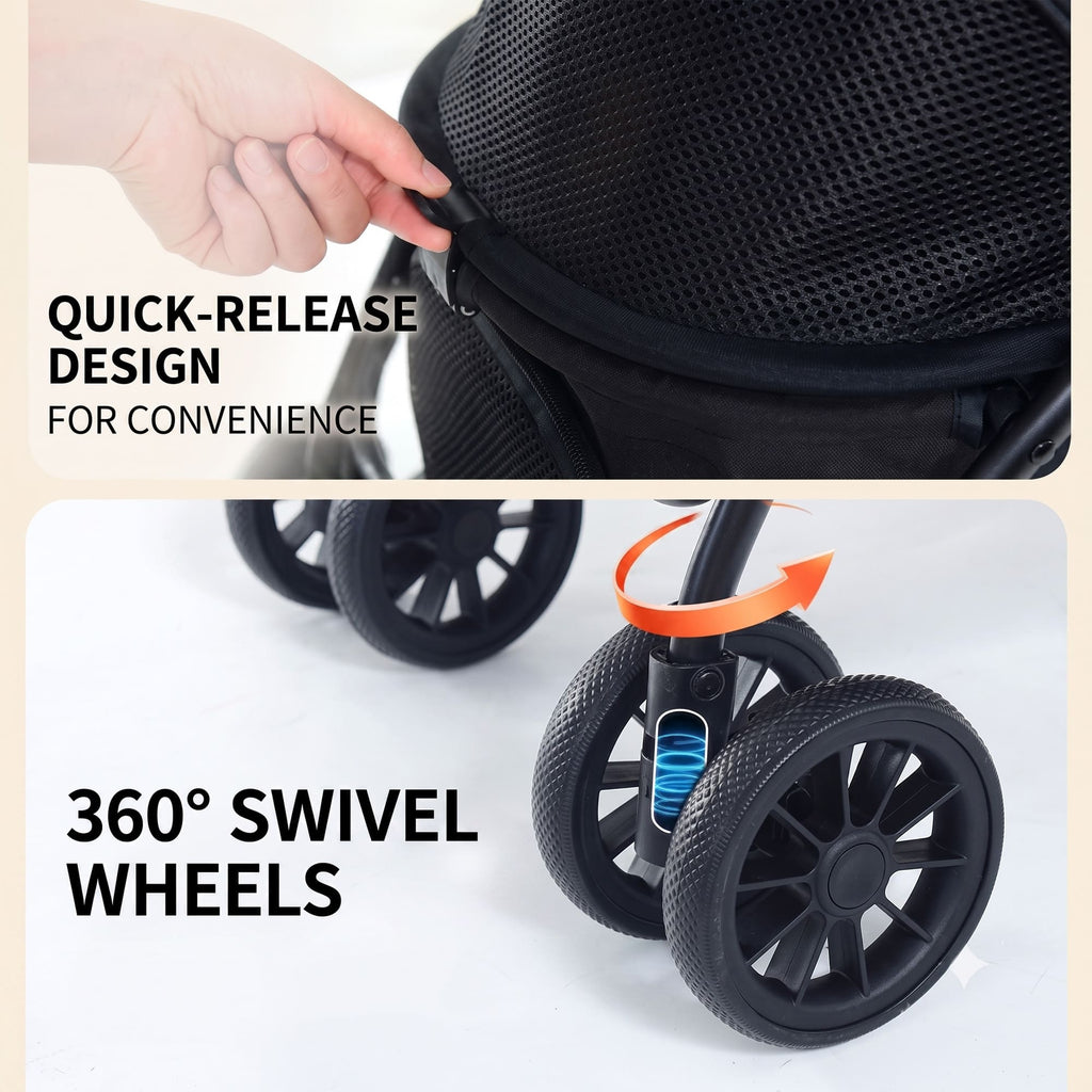 Pet stroller quick release canopy and 360 degree swivel wheels