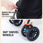 Pet stroller quick release canopy and 360 degree swivel wheels