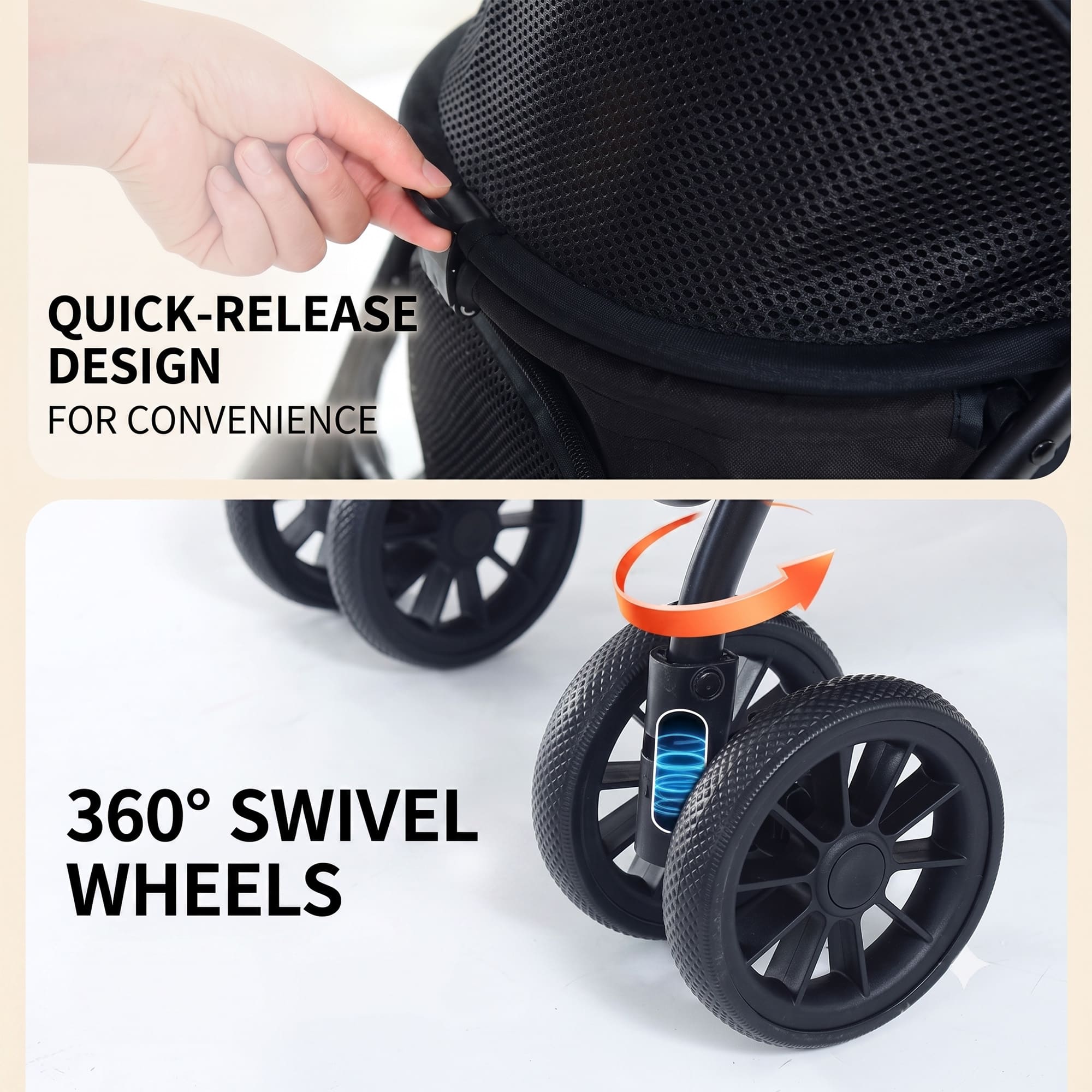 Pet stroller quick release canopy and 360 degree swivel wheels