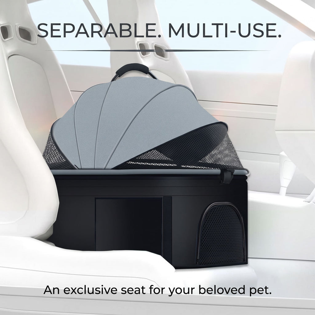 Detachable pet carrier used as a car seat for dogs and cats