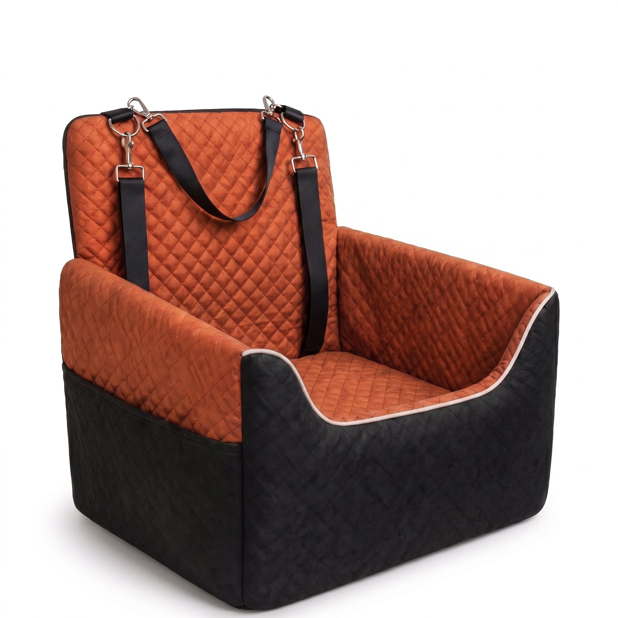 Quilted pet car seat for small dogs and cats with adjustable straps and soft cushion