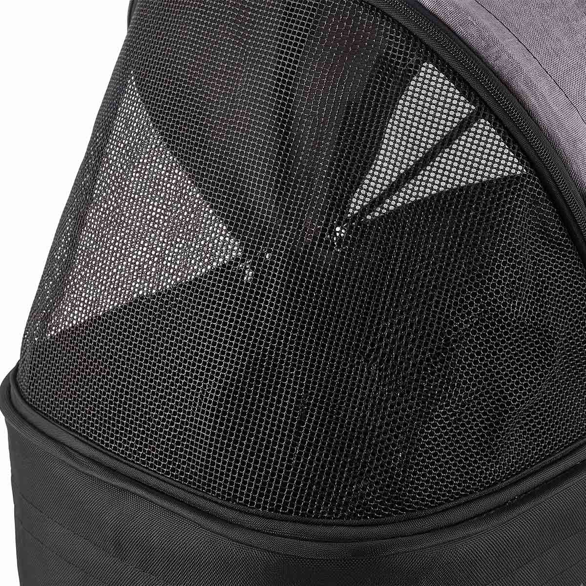 Breathable mesh window on gray pet stroller carrier