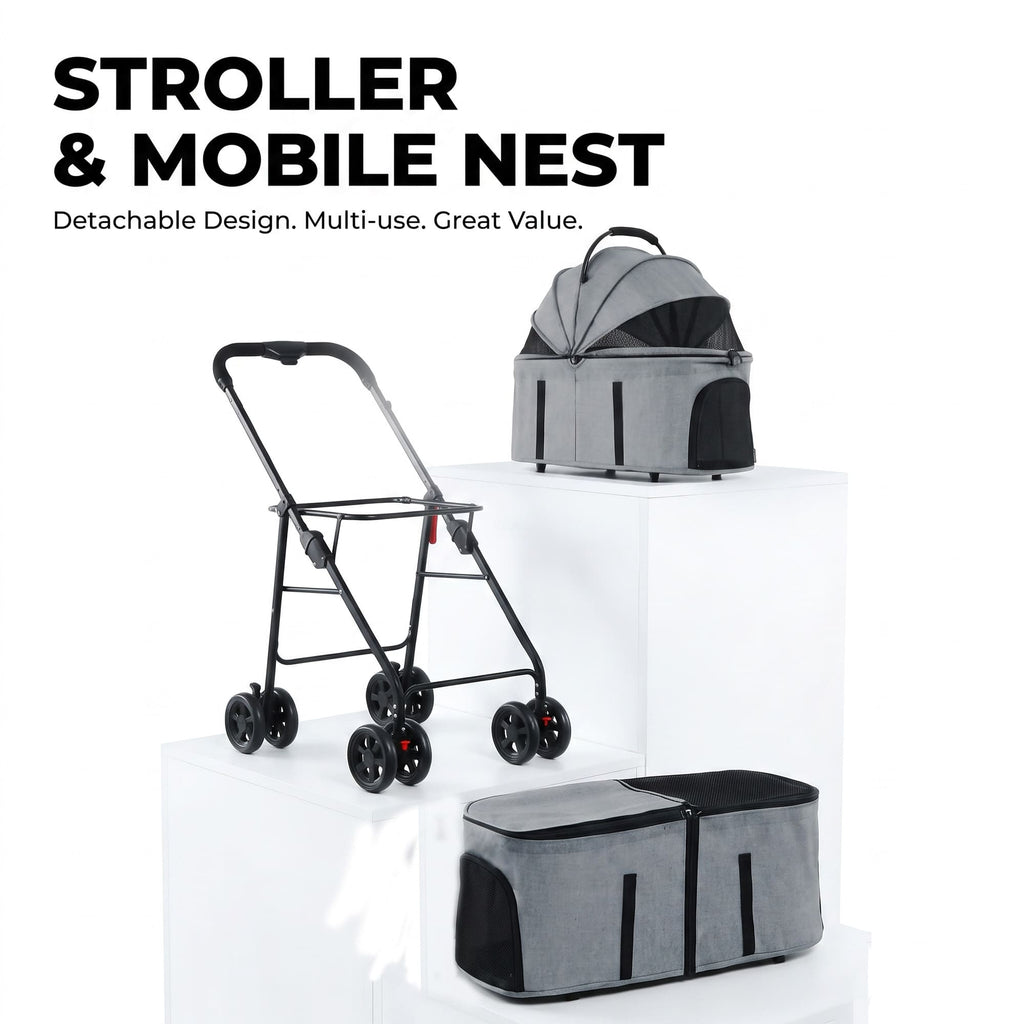Detachable pet stroller and mobile nest design with separate carrier seats