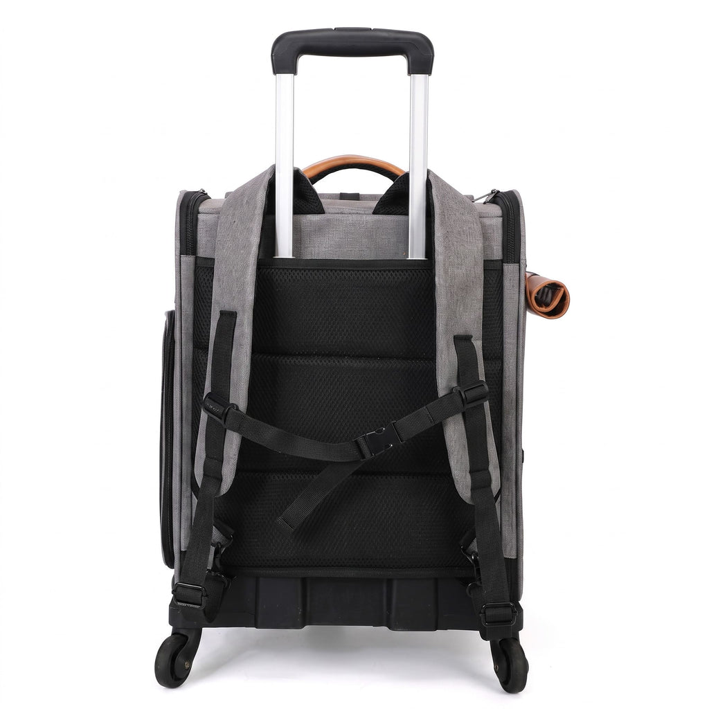 Back view of wheeled pet carrier backpack with padded straps and trolley handle