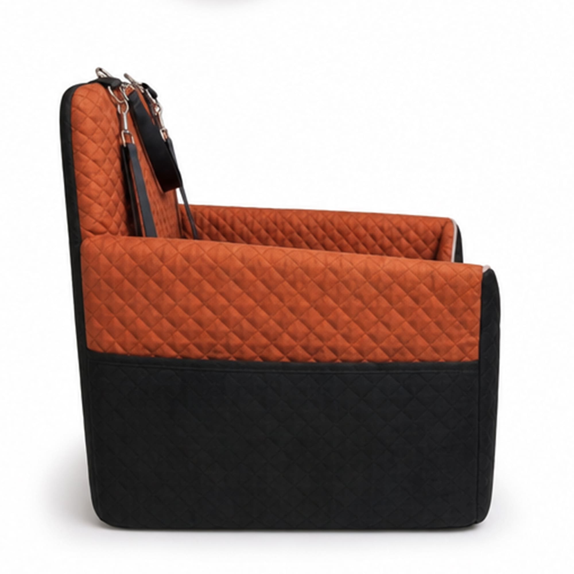 Quilted pet car seat for small dogs and cats with adjustable straps and soft cushion