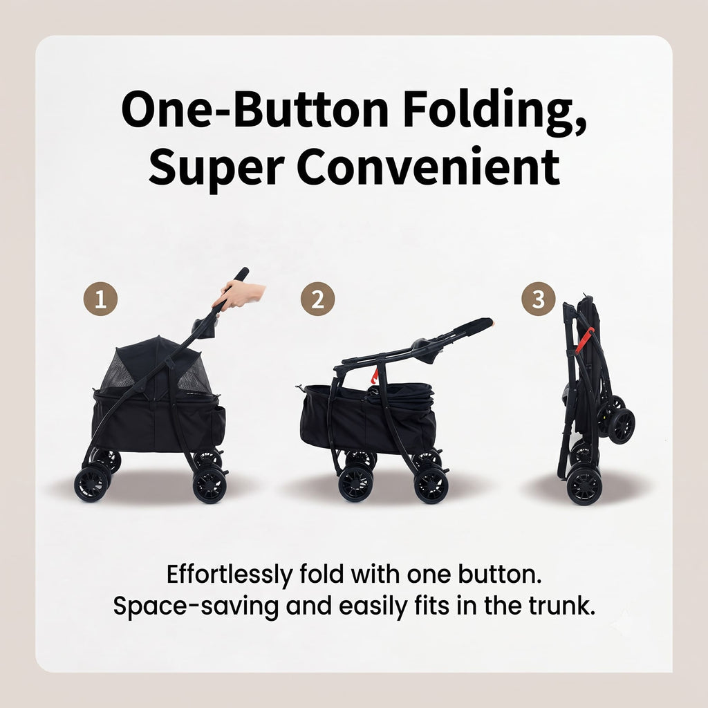 One button folding pet stroller with compact storage design