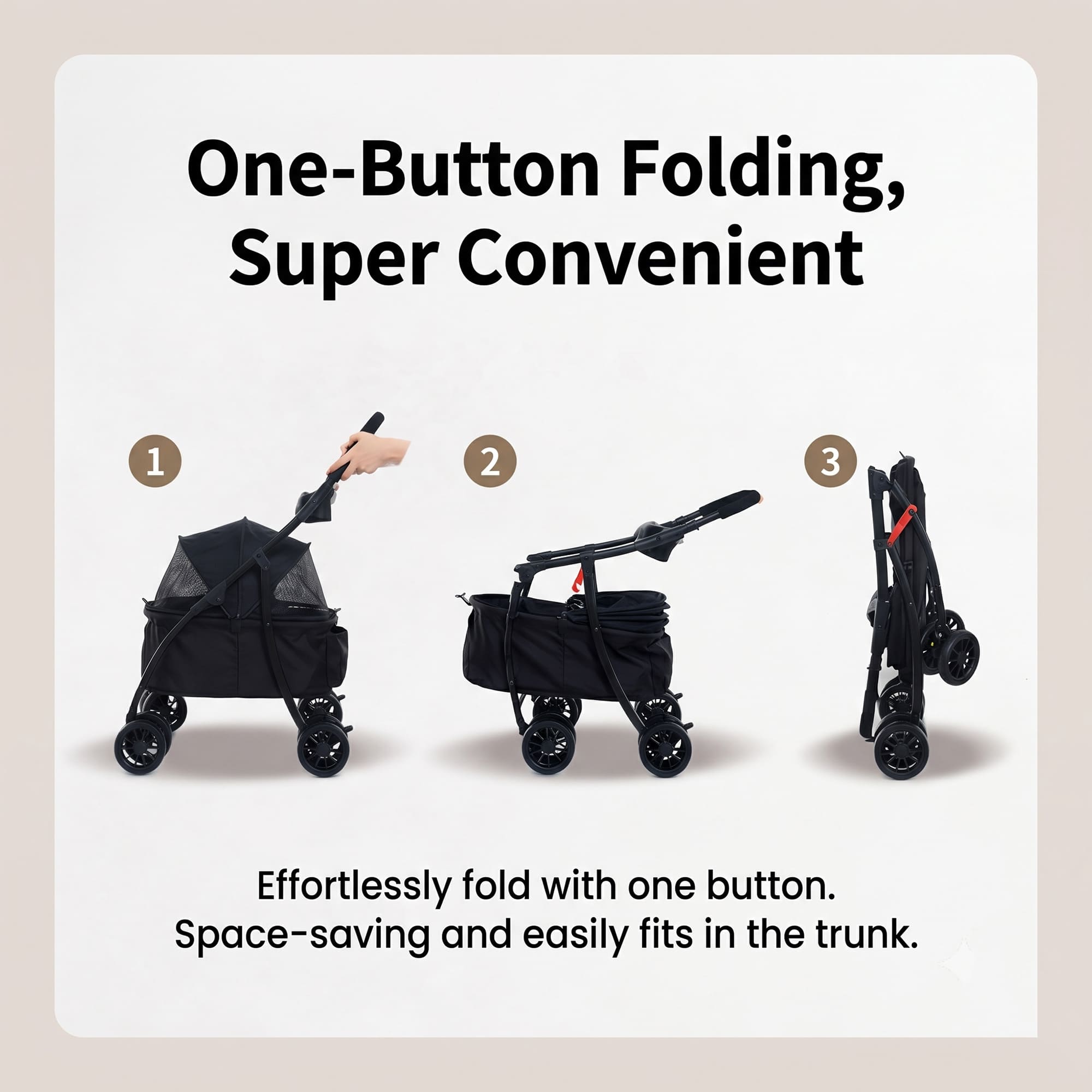One button folding pet stroller with compact storage design
