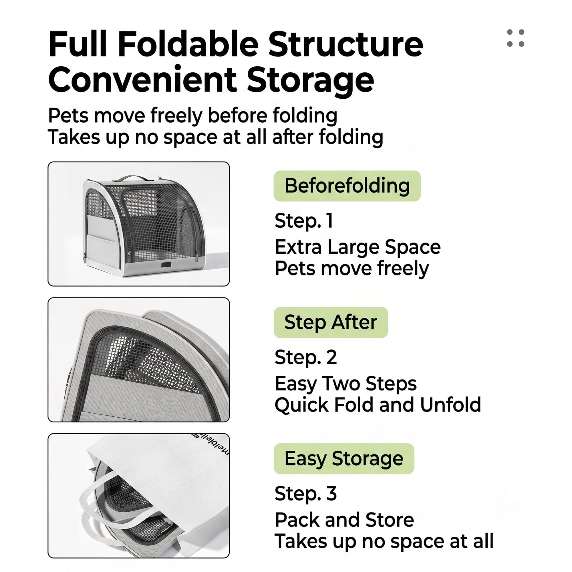 Full foldable pet carrier structure showing quick fold and easy storage steps