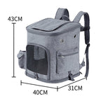 Gray pet carrier backpack size guide with mesh front door and storage pockets