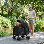 Black foldable pet stroller with a golden retriever during an outdoor walk in the park