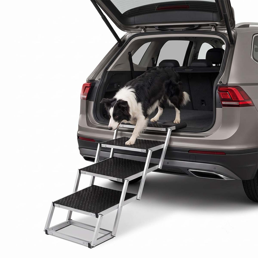 Large dog using foldable car stairs to enter an SUV