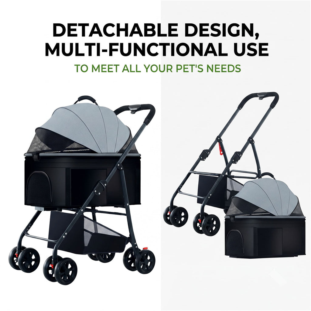 Pet stroller with detachable carrier showing multi-functional stroller and carrier use