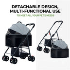 Pet stroller with detachable carrier showing multi-functional stroller and carrier use