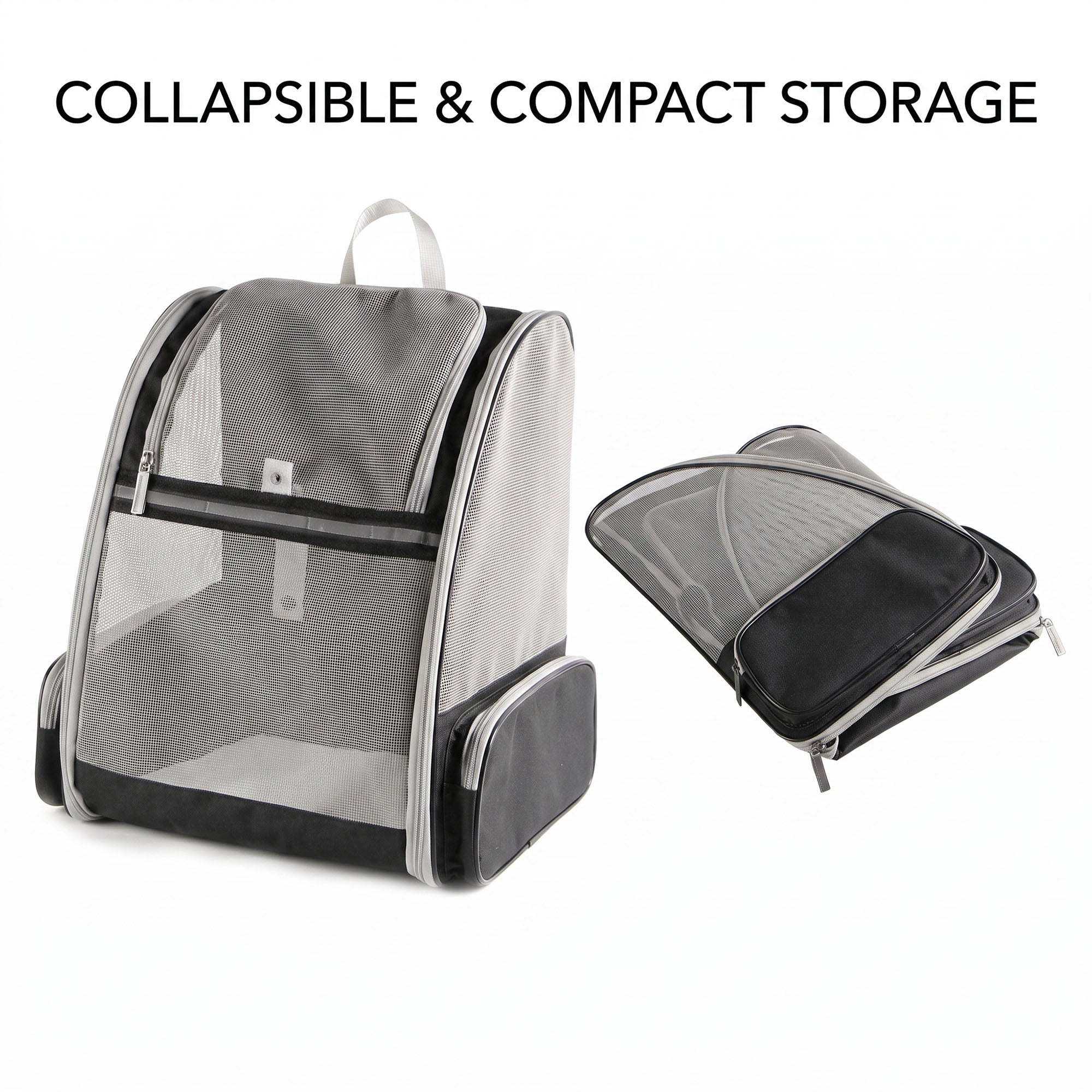 Foldable mesh pet carrier backpack showing compact storage design