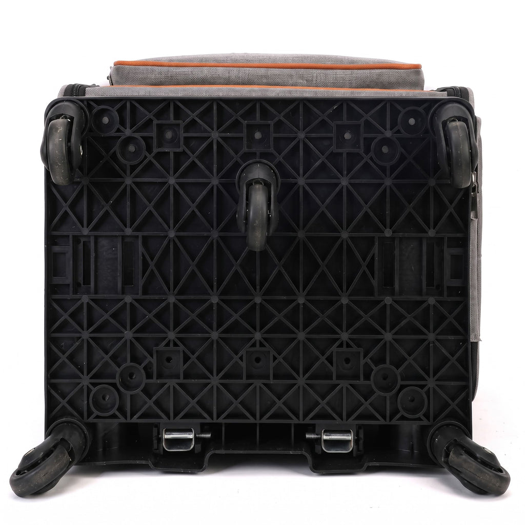 Bottom view of wheeled pet carrier base with rolling wheels