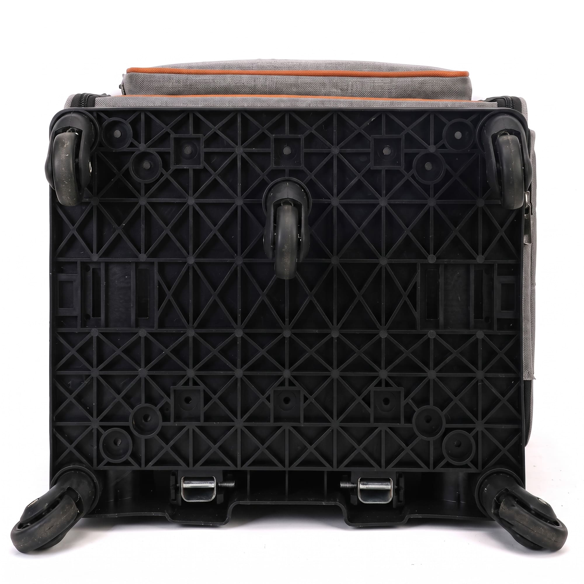 Bottom view of wheeled pet carrier base with rolling wheels